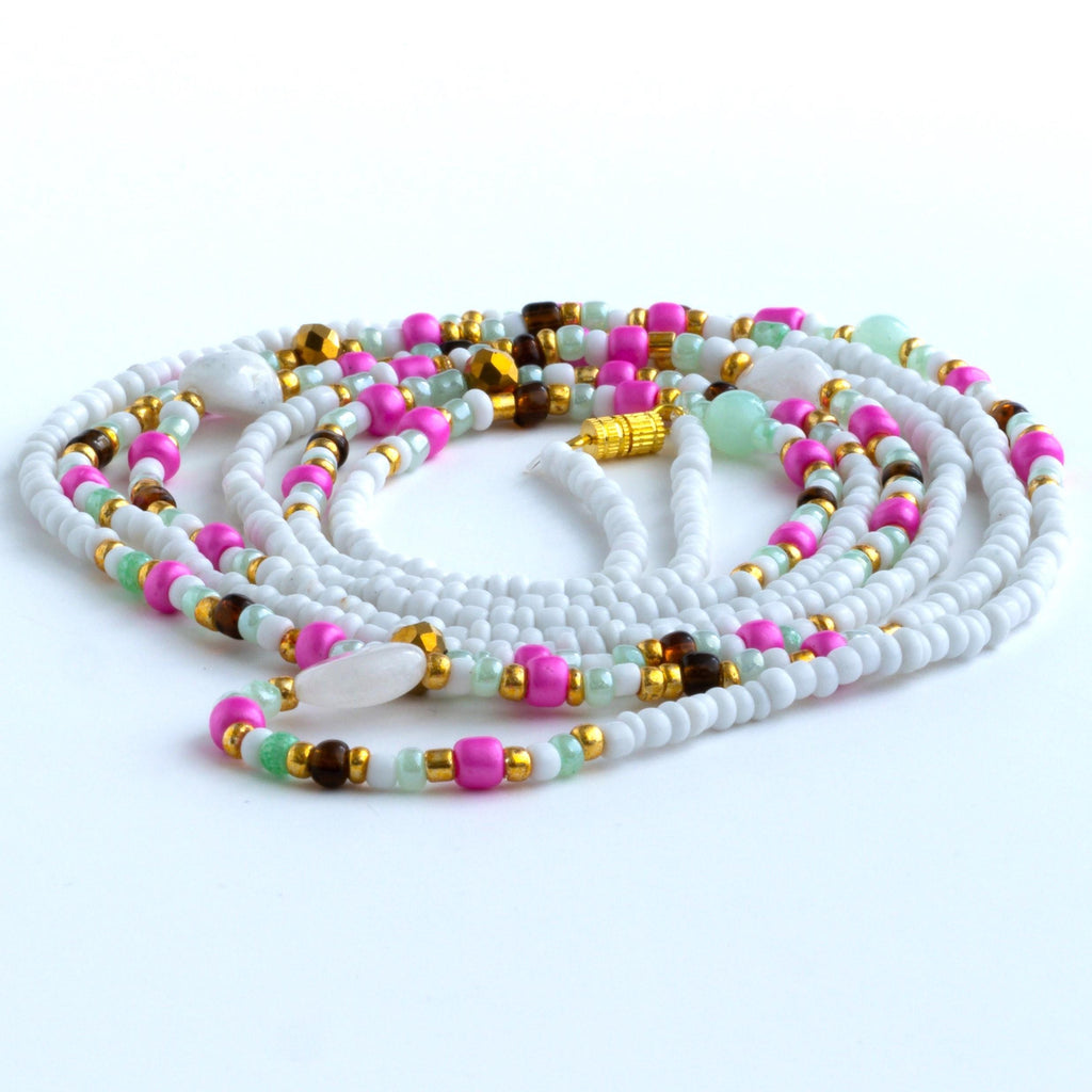 White with green pink gold and gold gems and smooth milky stones waist beads with clasp. 