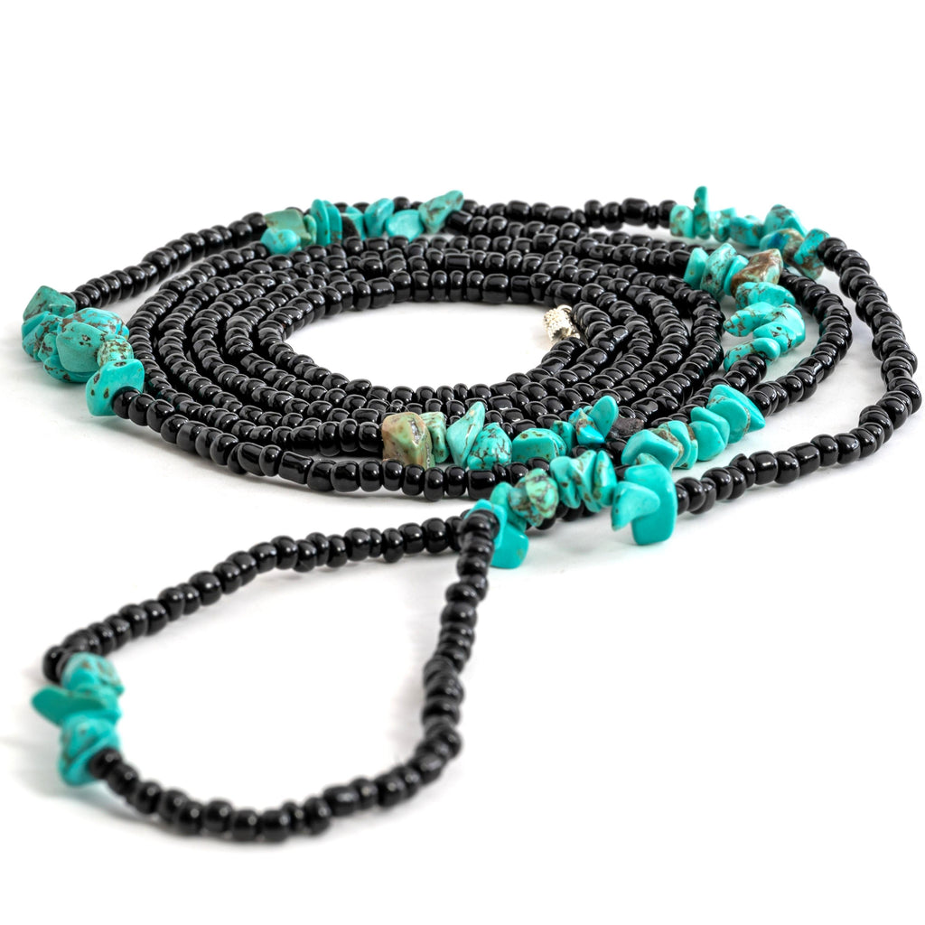 Black beads and turquoise waist beads with clasp.